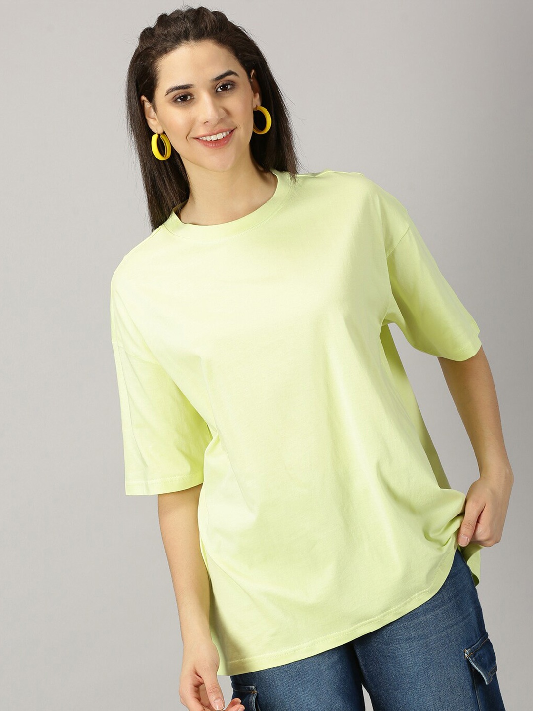 

THE HOLLANDER Round Neck Drop-Shoulder Sleeves Pure Cotton Oversized T-shirt, Lime green