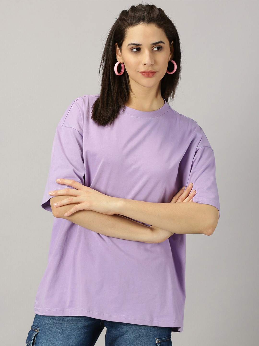 

THE HOLLANDER Round Neck Drop-Shoulder Sleeves Pure Cotton Oversized T-shirt, Lavender