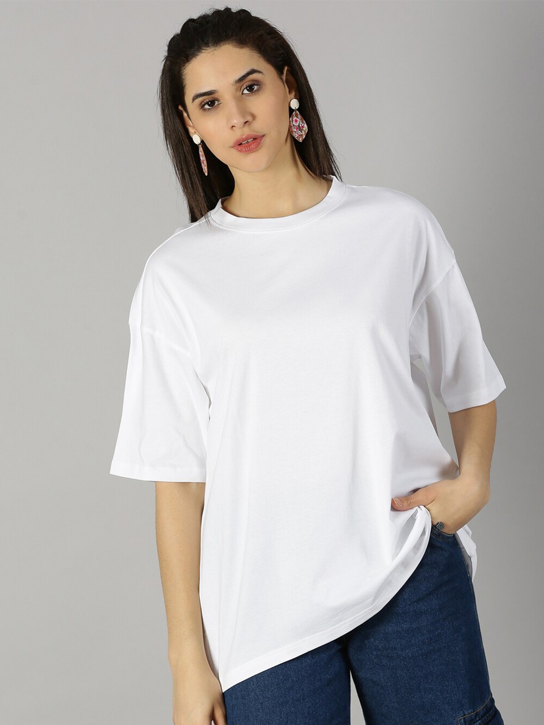 

THE HOLLANDER Round Neck Drop-Shoulder Sleeves Pure Cotton Oversized T-shirt, White