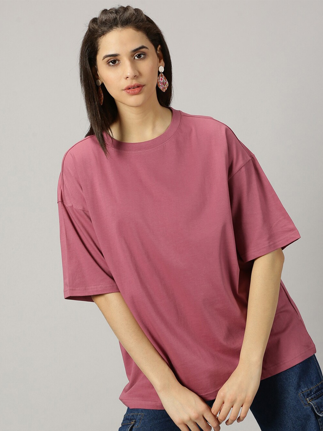 

THE HOLLANDER Round Neck Drop-Shoulder Sleeves Pure Cotton Oversized T-shirt, Mauve