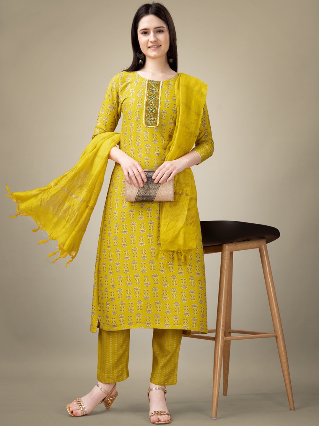 

Anouk Yellow Ethnic Motifs Printed Sequinned Kurta With Trousers & Dupatta