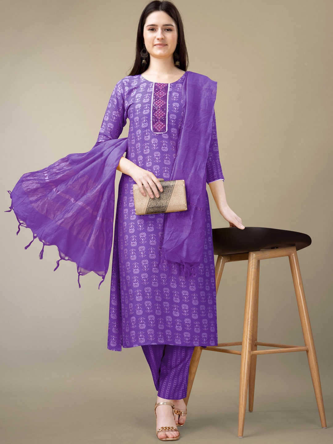 

Anouk Purple Floral Printed Regular Sequinned Kurta With Trousers & Dupatta