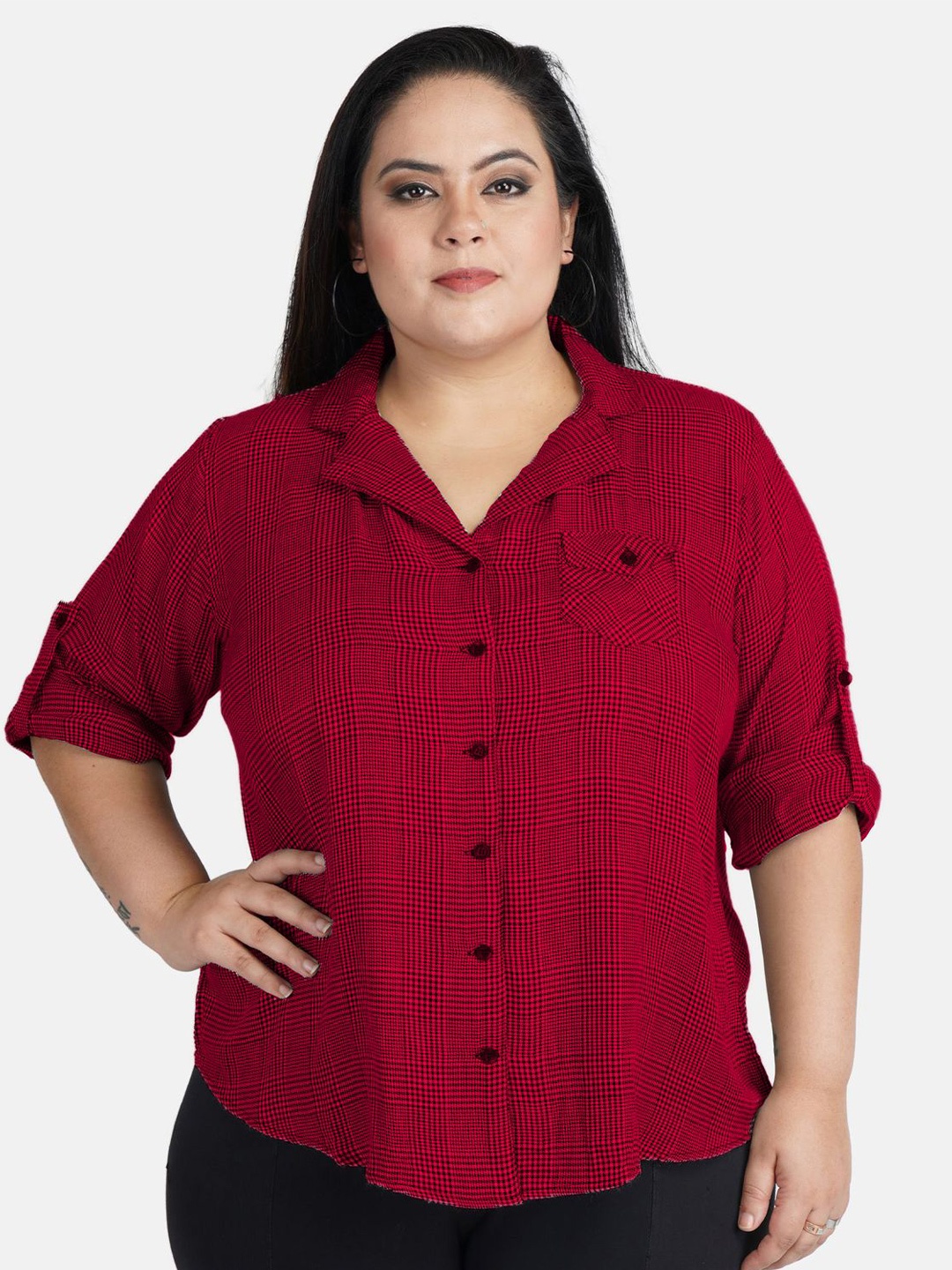 

Indietoga Women Plus Size Checked Cotton Shirt, Red