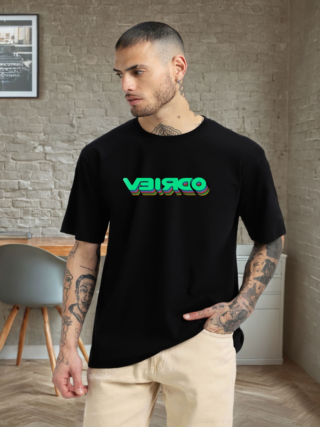 

VEIRDO Black Printed Round Neck Drop-Shoulder Sleeves Pure Cotton Oversized T-shirt