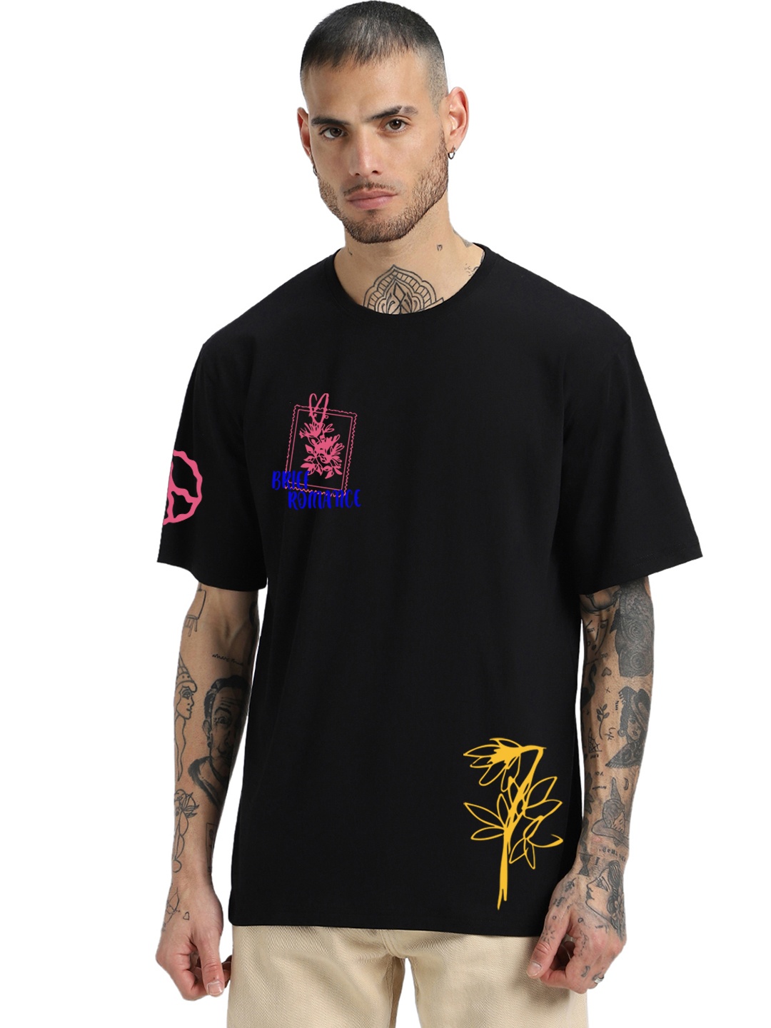VEIRDO Black Printed Round Neck Drop-Shoulder Sleeves Pure Cotton Oversized T-shirt