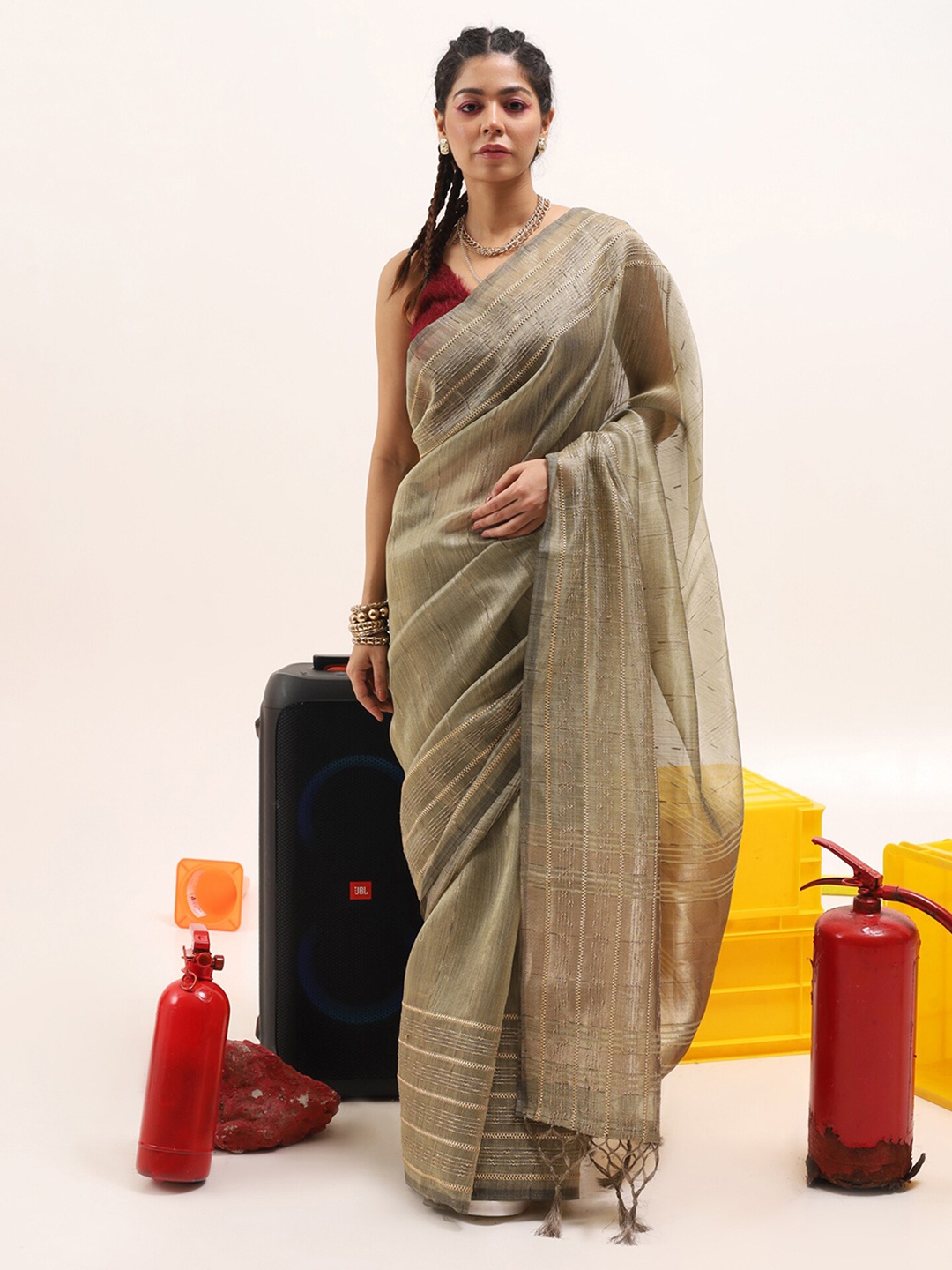 

Tikhi Imli Olive Green Woven Design Saree