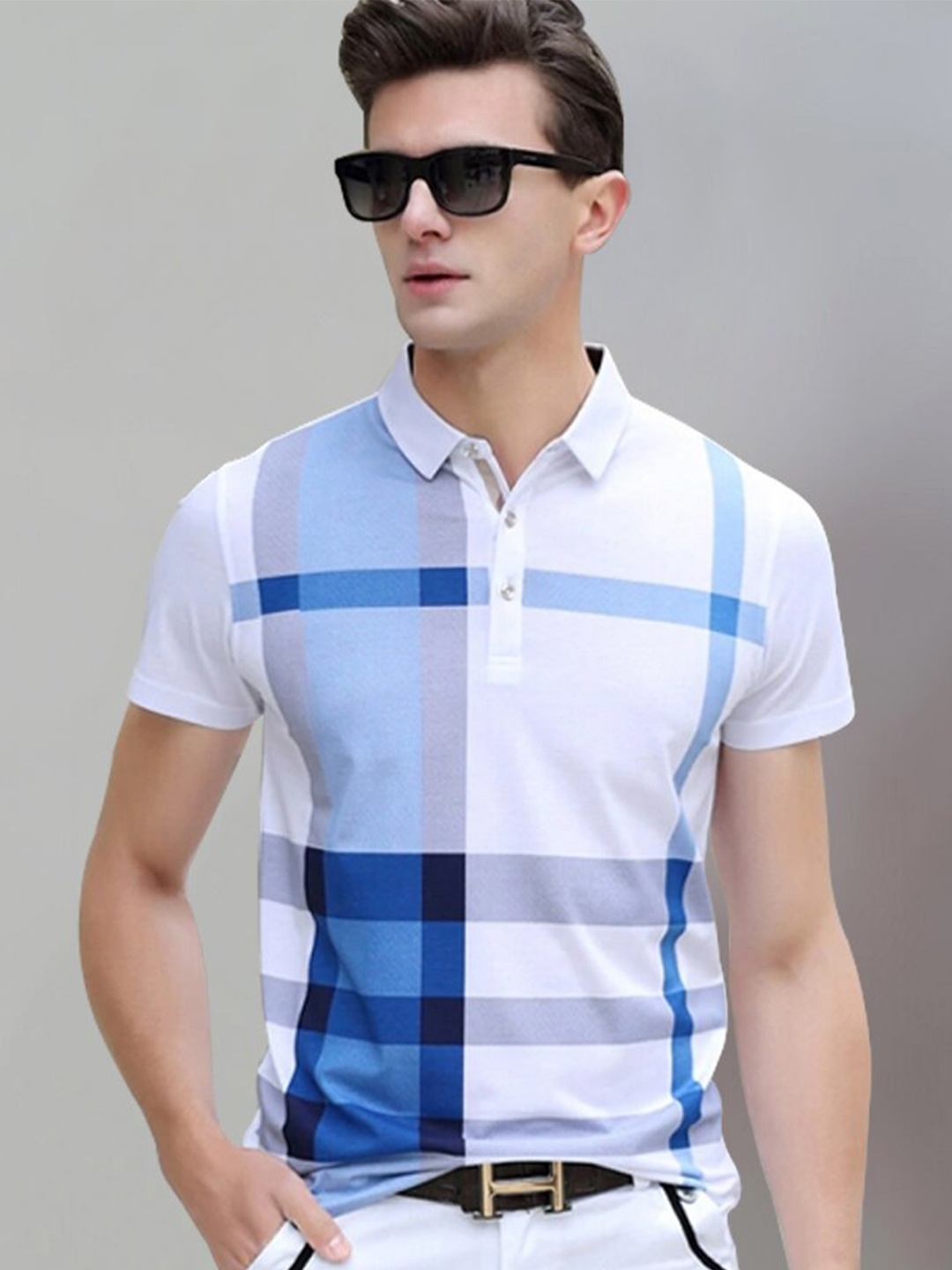 

Eyebogler Striped Cotton Polo Collar Short Sleeves Pockets Casual T-shirt, Blue