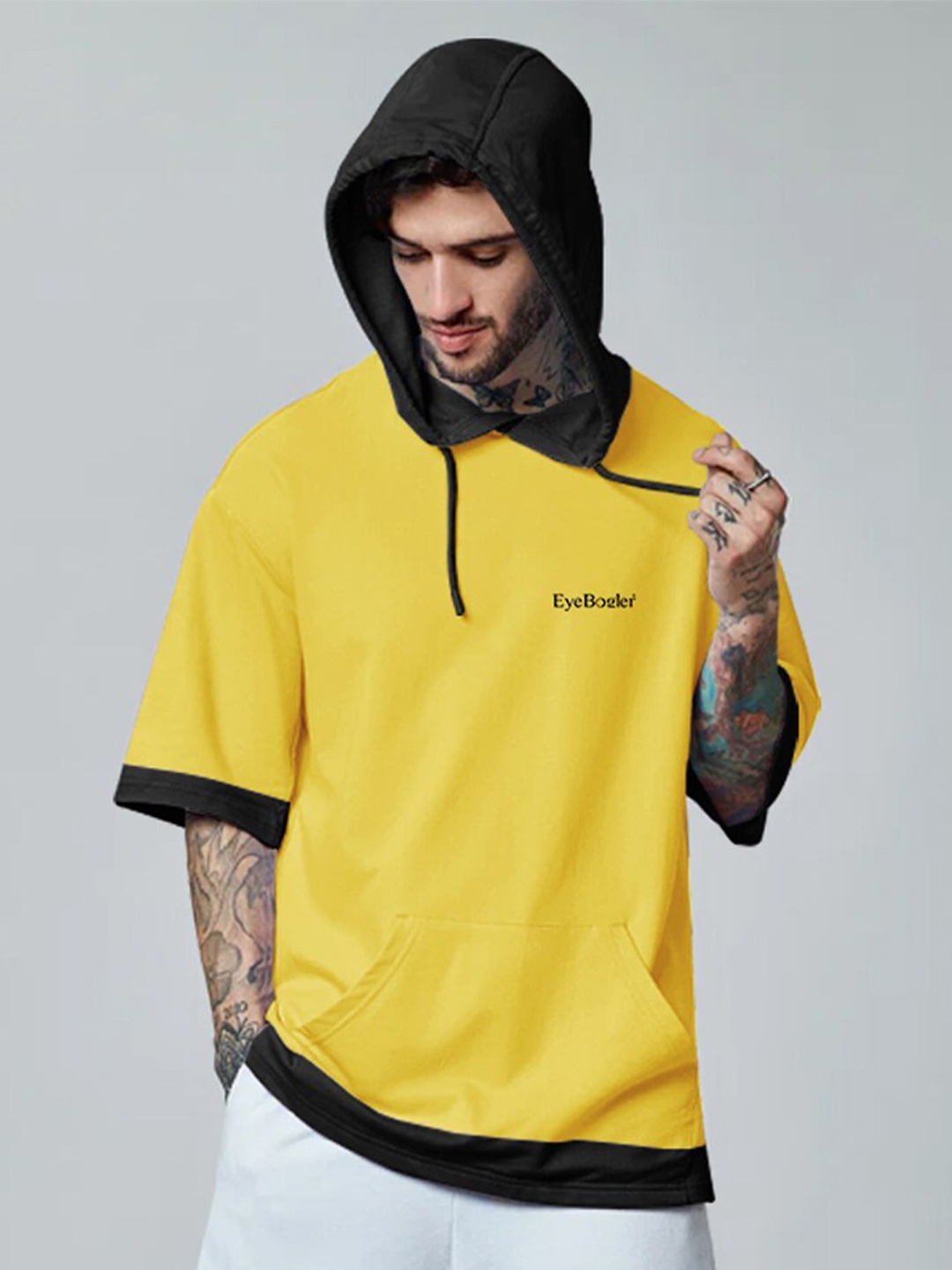 

Eyebogler Brand Logo Printed Cotton Hooded Cut Outs Oversized Casual T-shirt, Yellow
