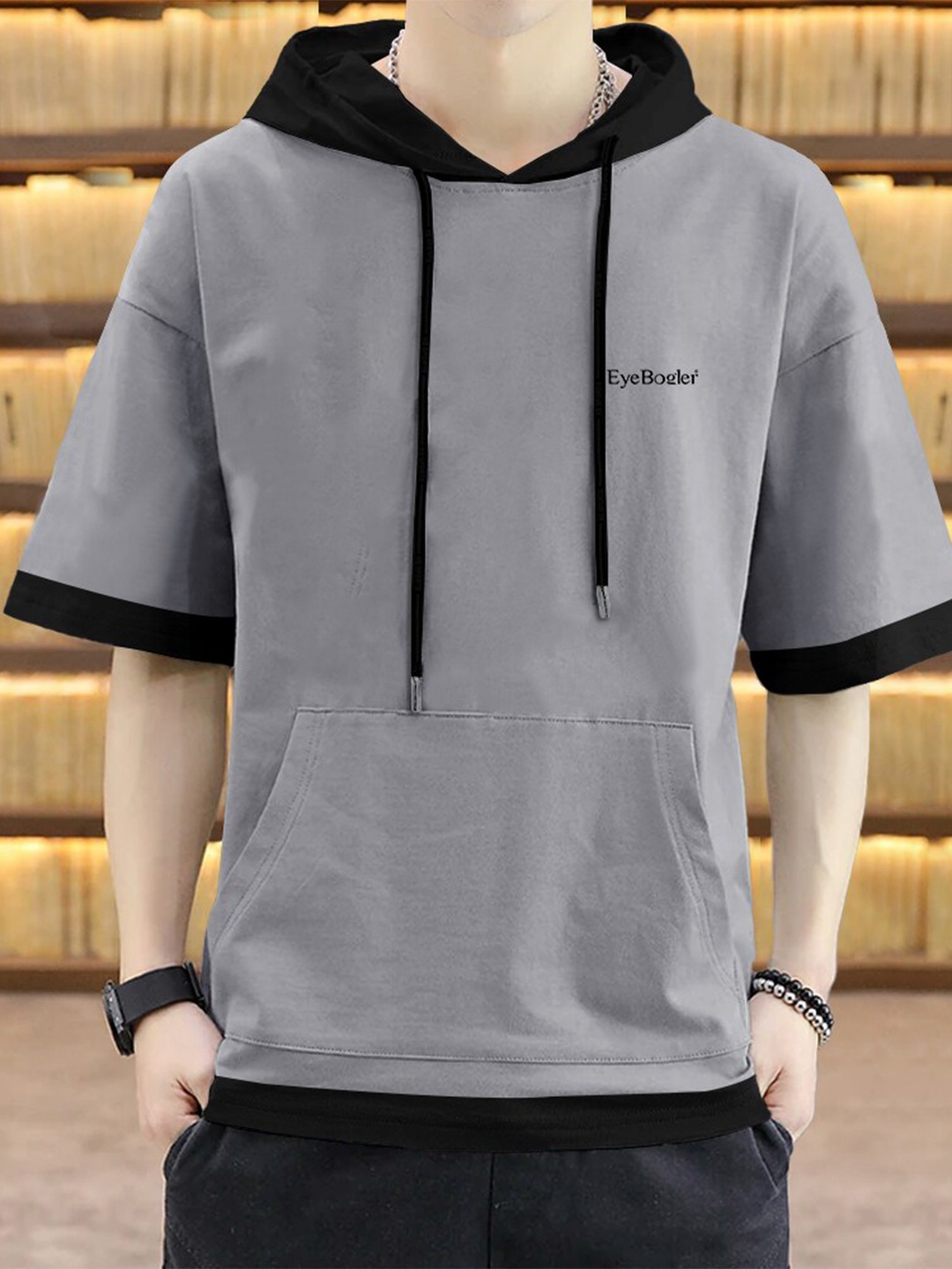 

Eyebogler Cotton Hooded Short Sleeves Pockets Oversized T-shirt, Grey