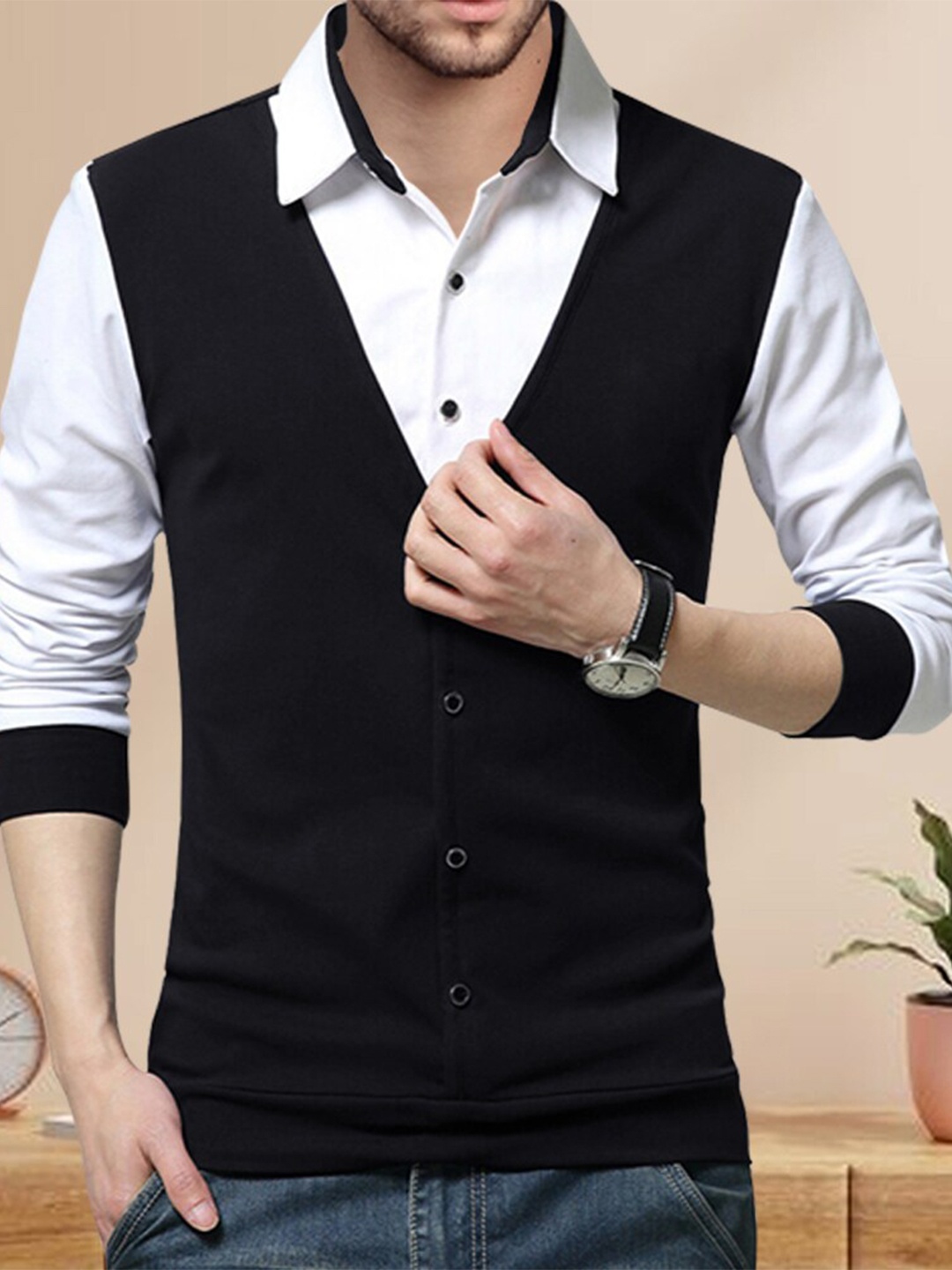 

Eyebogler Cotton Polo Collar Long Sleeves Pockets Casual T-shirt, Black