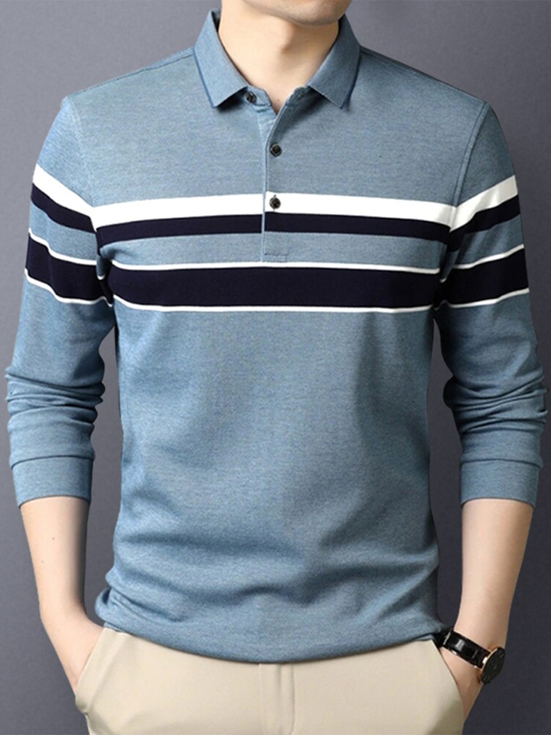 

Eyebogler Striped Cotton Polo Collar Long Sleeves Applique Casual T-shirt, Blue