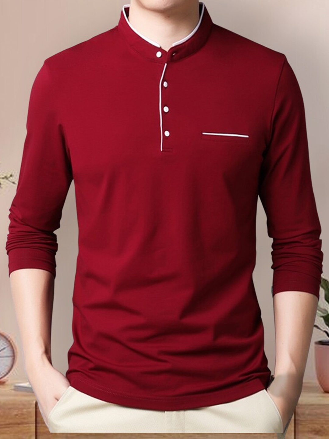 

Eyebogler Mandarin Collar Long Sleeves Cotton T-shirt, Red