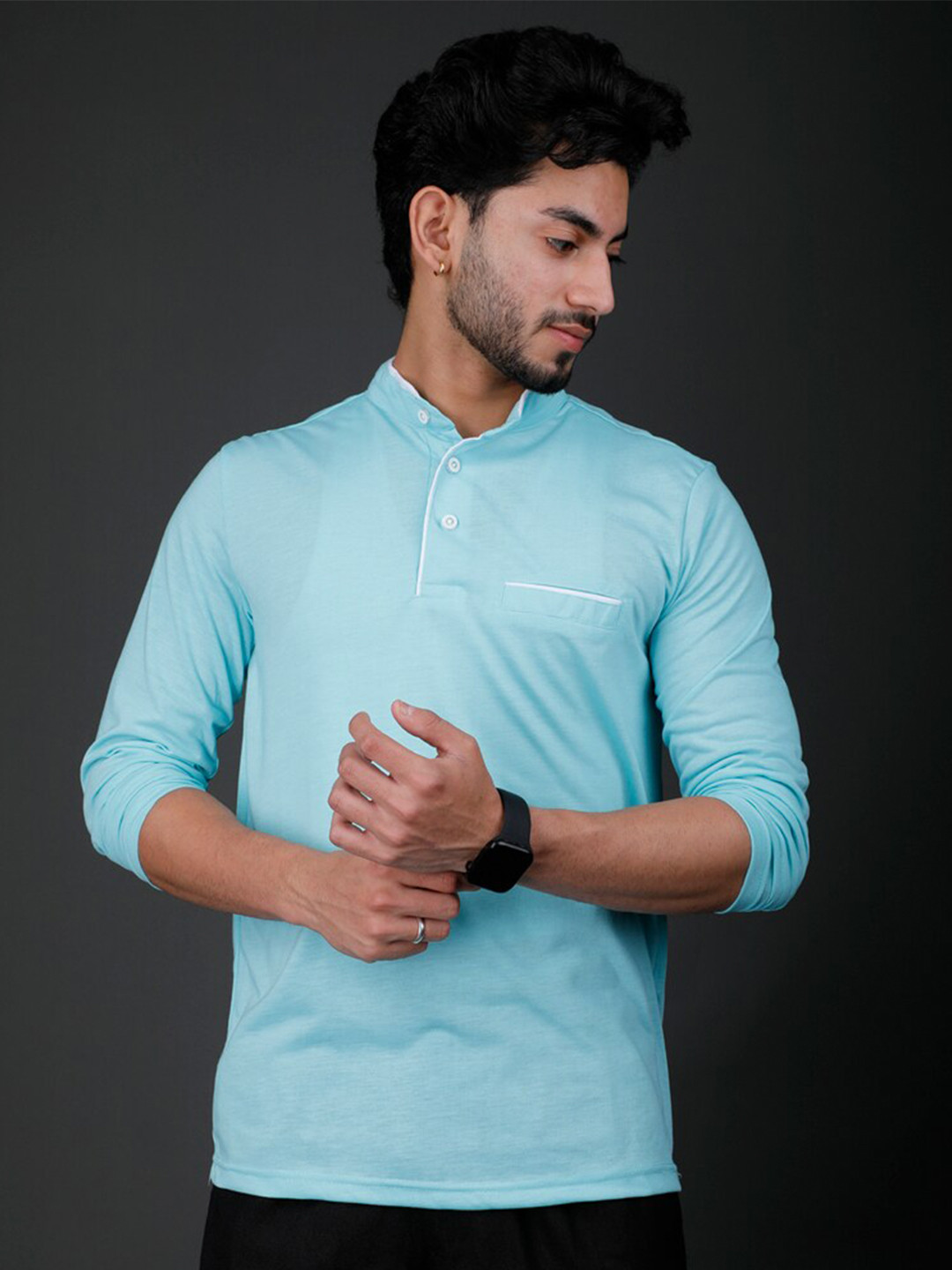 

Eyebogler Mandarin Collar Long Sleeves Cotton T-shirt, Blue
