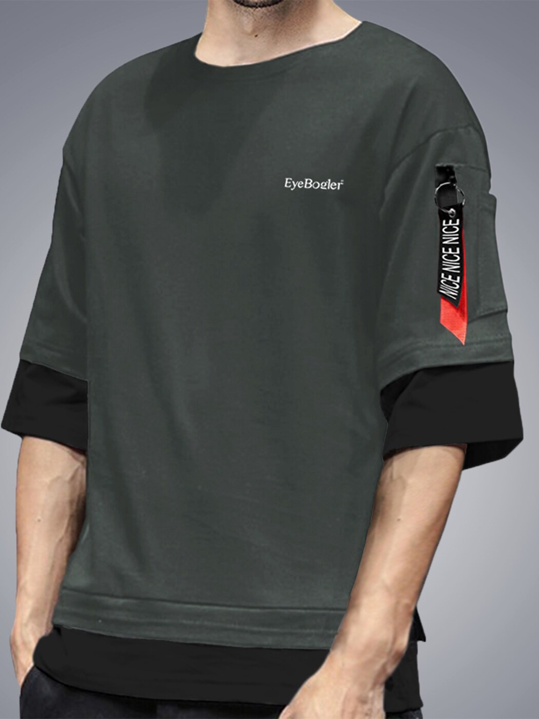 

Eyebogler Typography Printed Oversized Cotton Layered Sleeves T-shirt, Charcoal