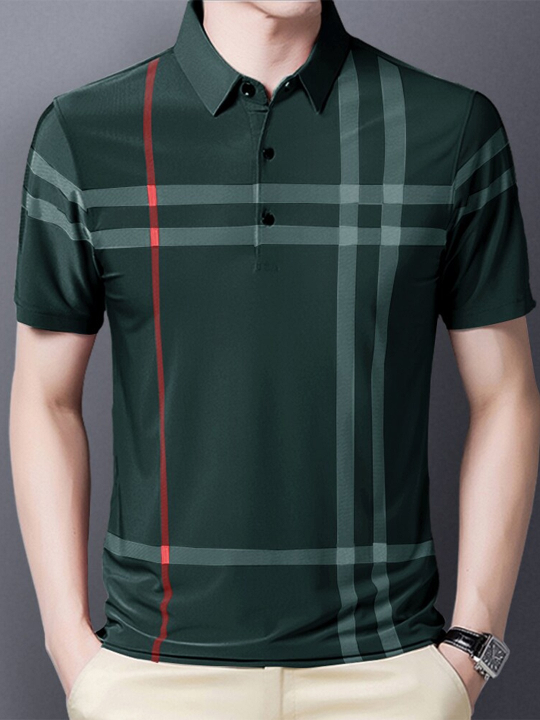 

Eyebogler Striped Cotton Polo Collar Short Sleeves Pockets Casual T-shirt, Green