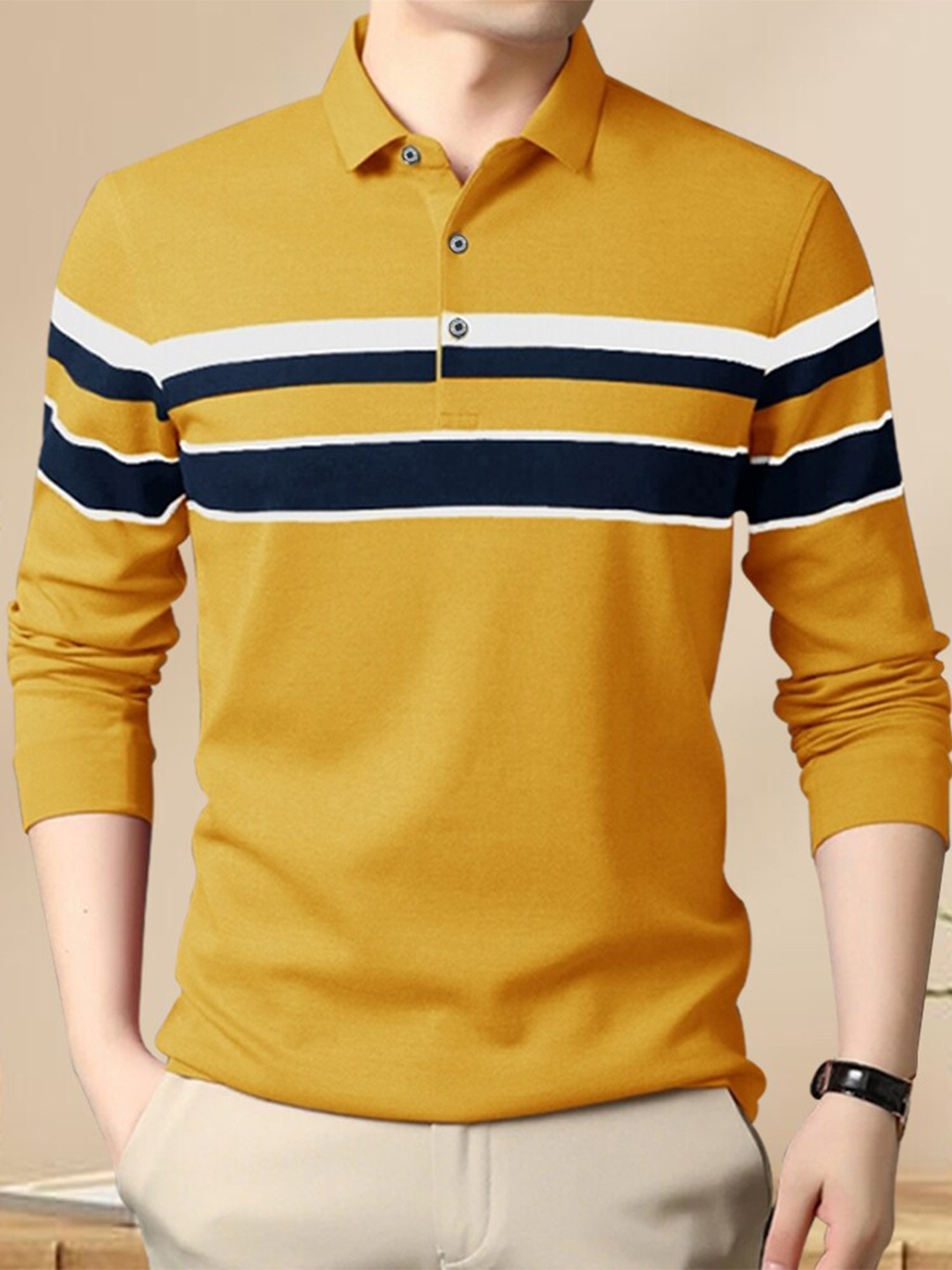 

Eyebogler Striped Polo Collar Cotton T-shirt, Mustard