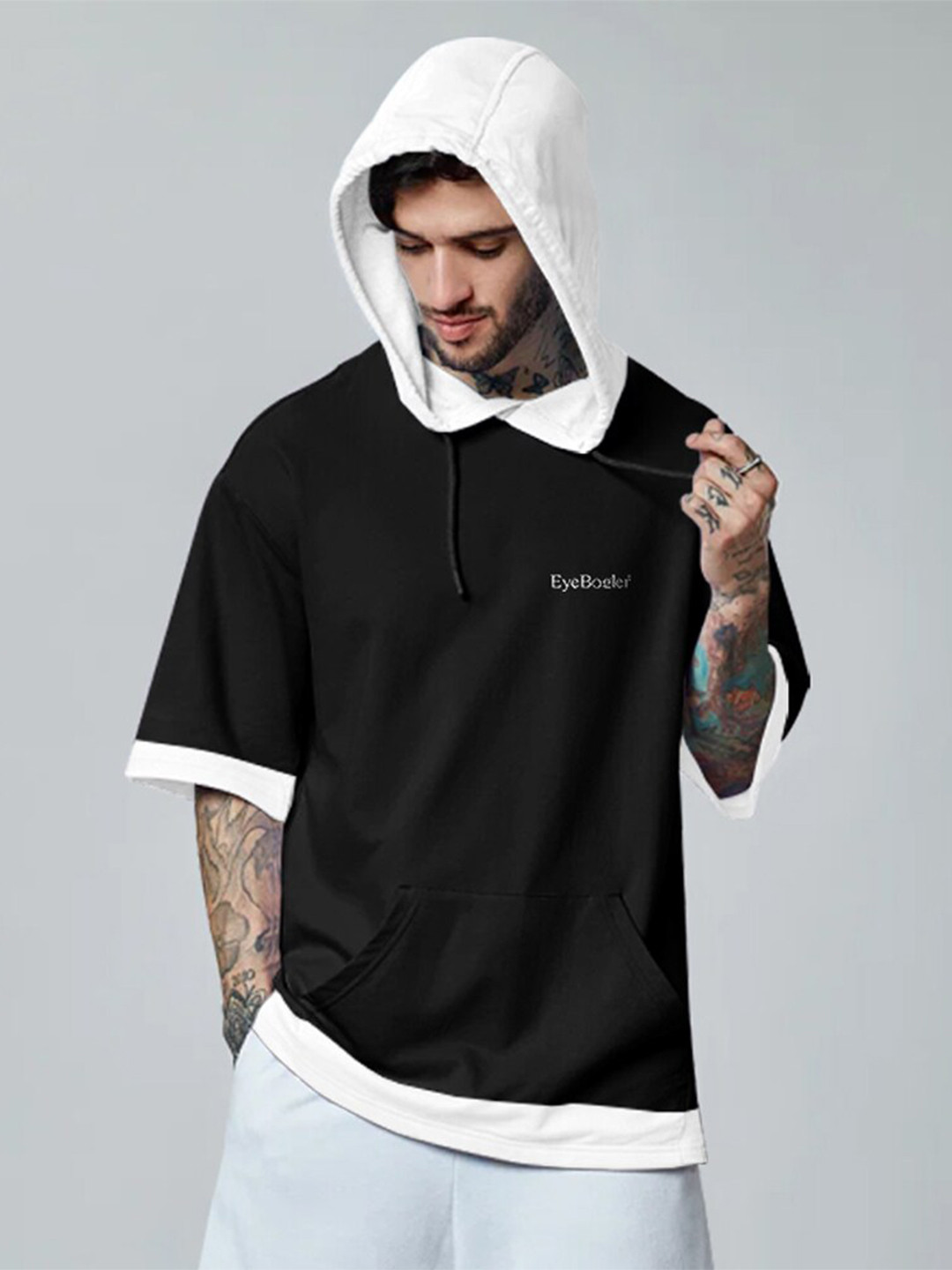 

Eyebogler Cotton Hooded Three-Quarter Sleeves Oversized Casual T-shirt, Black
