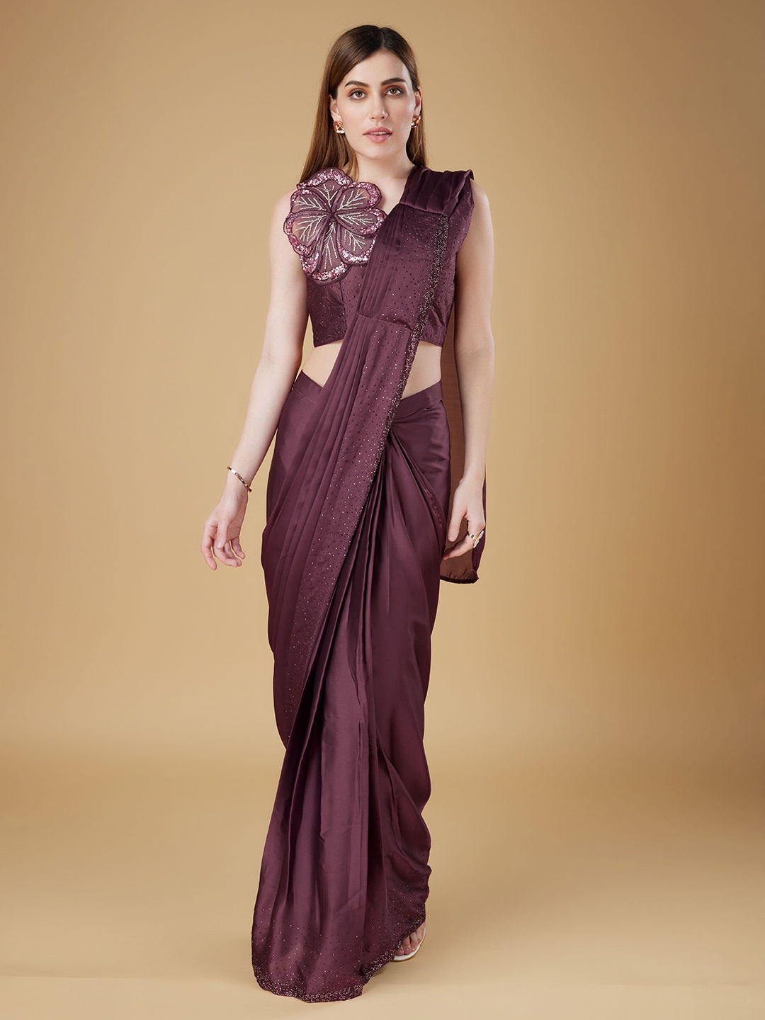 

AMOHA TRENDZ Satin Ready to Wear Saree, Purple