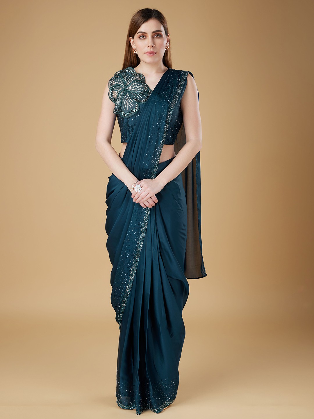 

AMOHA TRENDZ Embellished Patchwork Satin Ready to Wear Saree, Teal