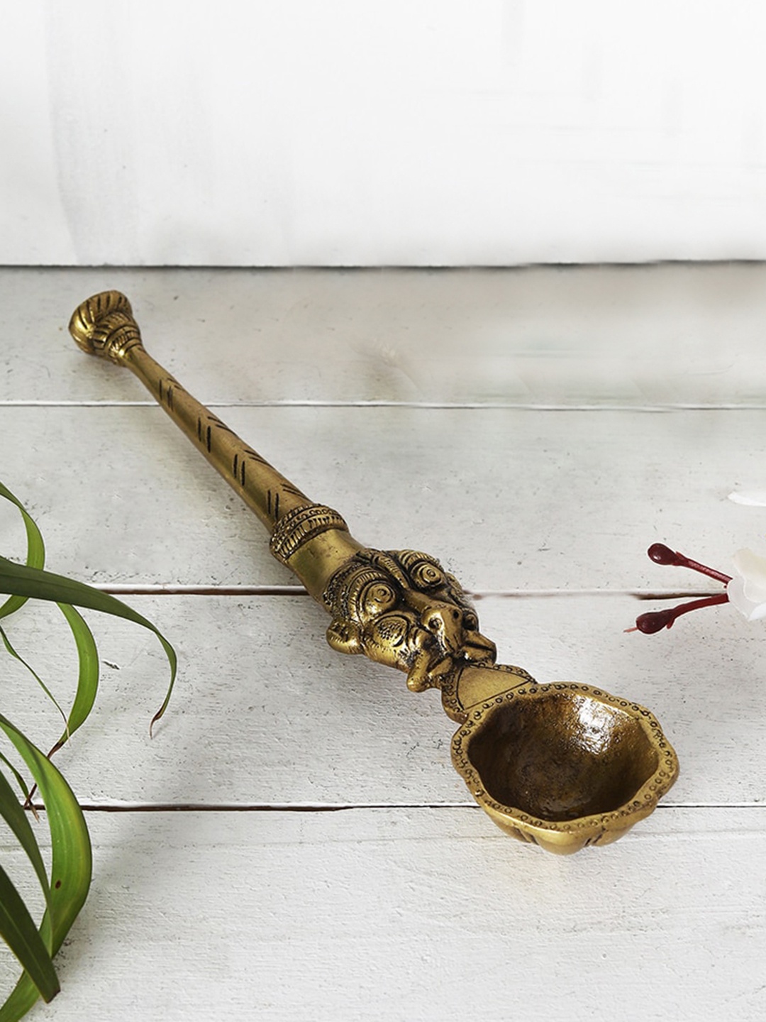 Two Moustaches Brown Brass Yali Design Pooja Spoon