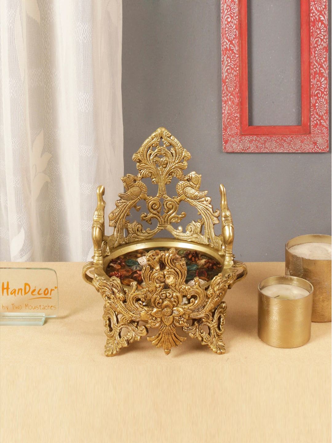 

Two Moustaches Brown Textured Brass Elephant & Peacock Design Urli Decorative Bowl