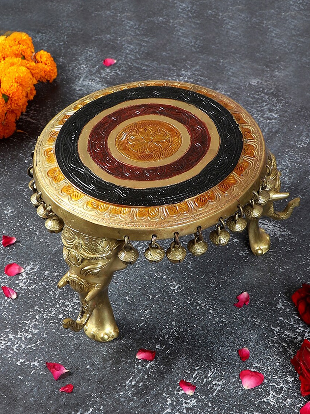 Two Moustaches Brown Textured Brass Chowki With Pillars
