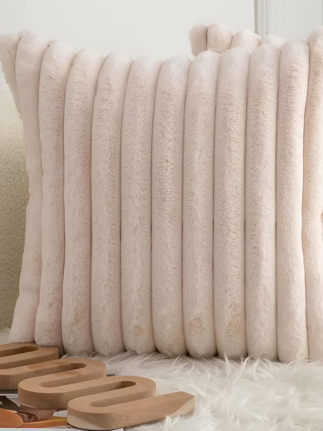 

TANLOOMS Cream-Coloured Striped Velvet Square Cushion Covers