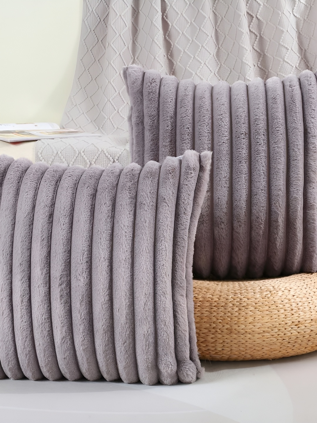 

TANLOOMS Grey 2 Pieces Striped Velvet Square Cushion Covers