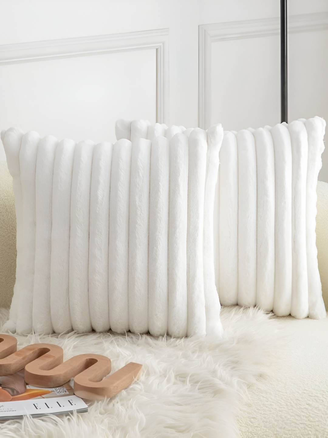 

TANLOOMS White 2 Pieces Striped Velvet Square Cushion Covers