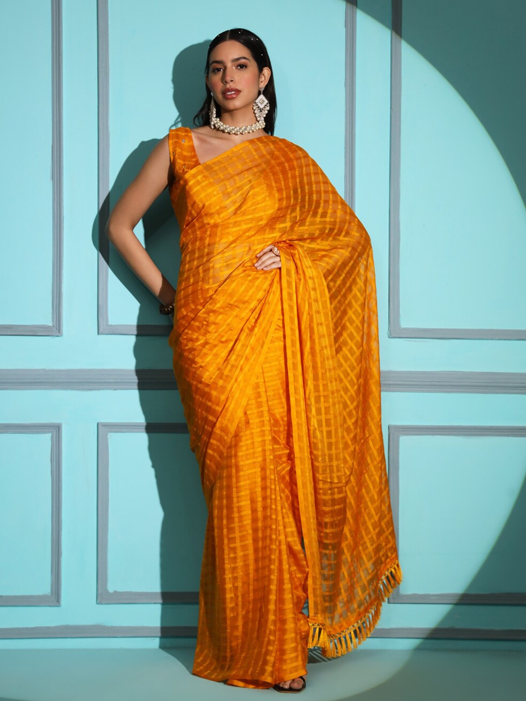 

Tikhi Imli Checked Saree With Tassels, Yellow
