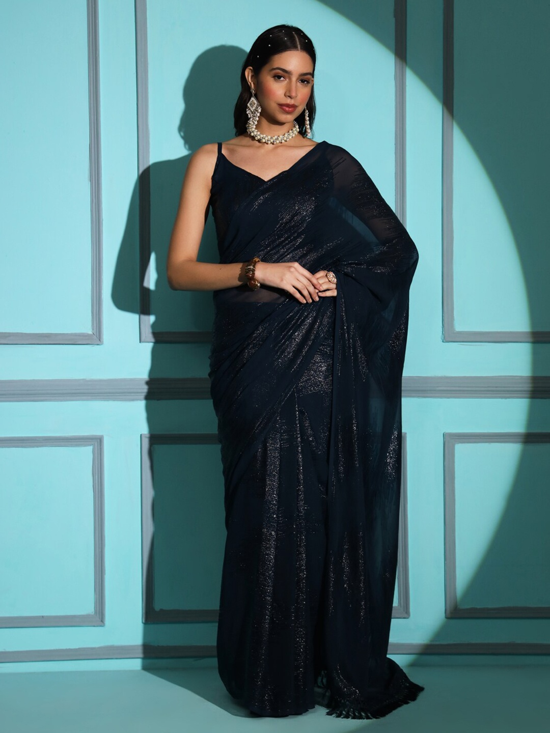 

Tikhi Imli Embellished Designer Saree With Tassels, Teal