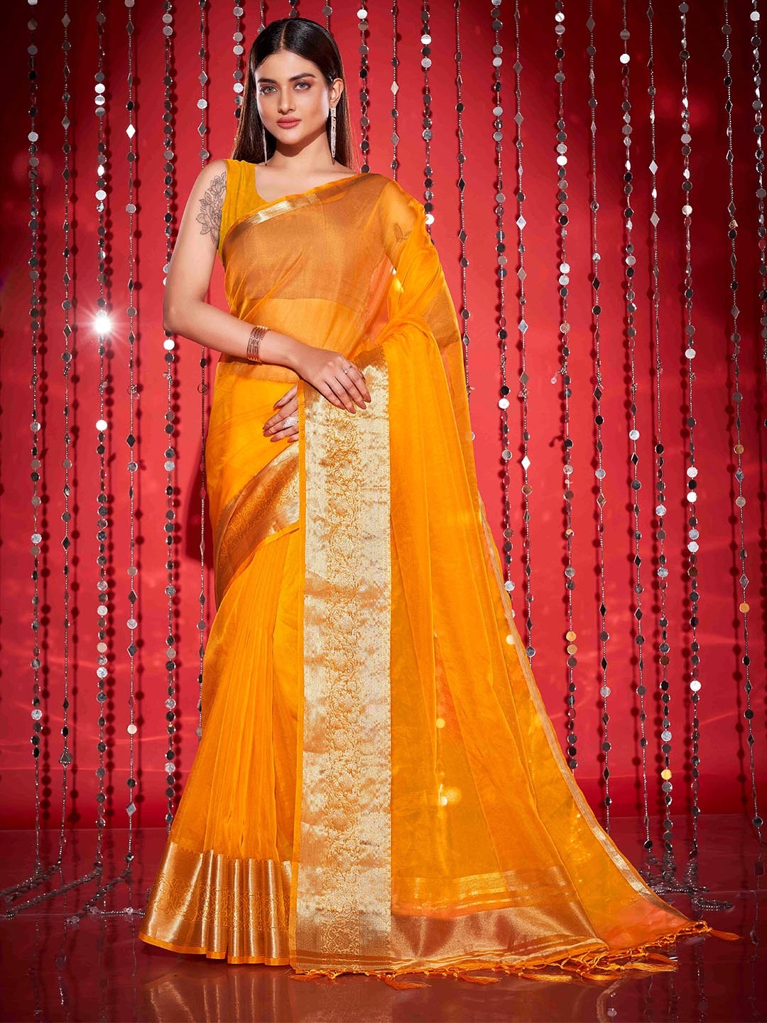 

Tikhi Imli Zari Organza Saree With Tassels, Yellow