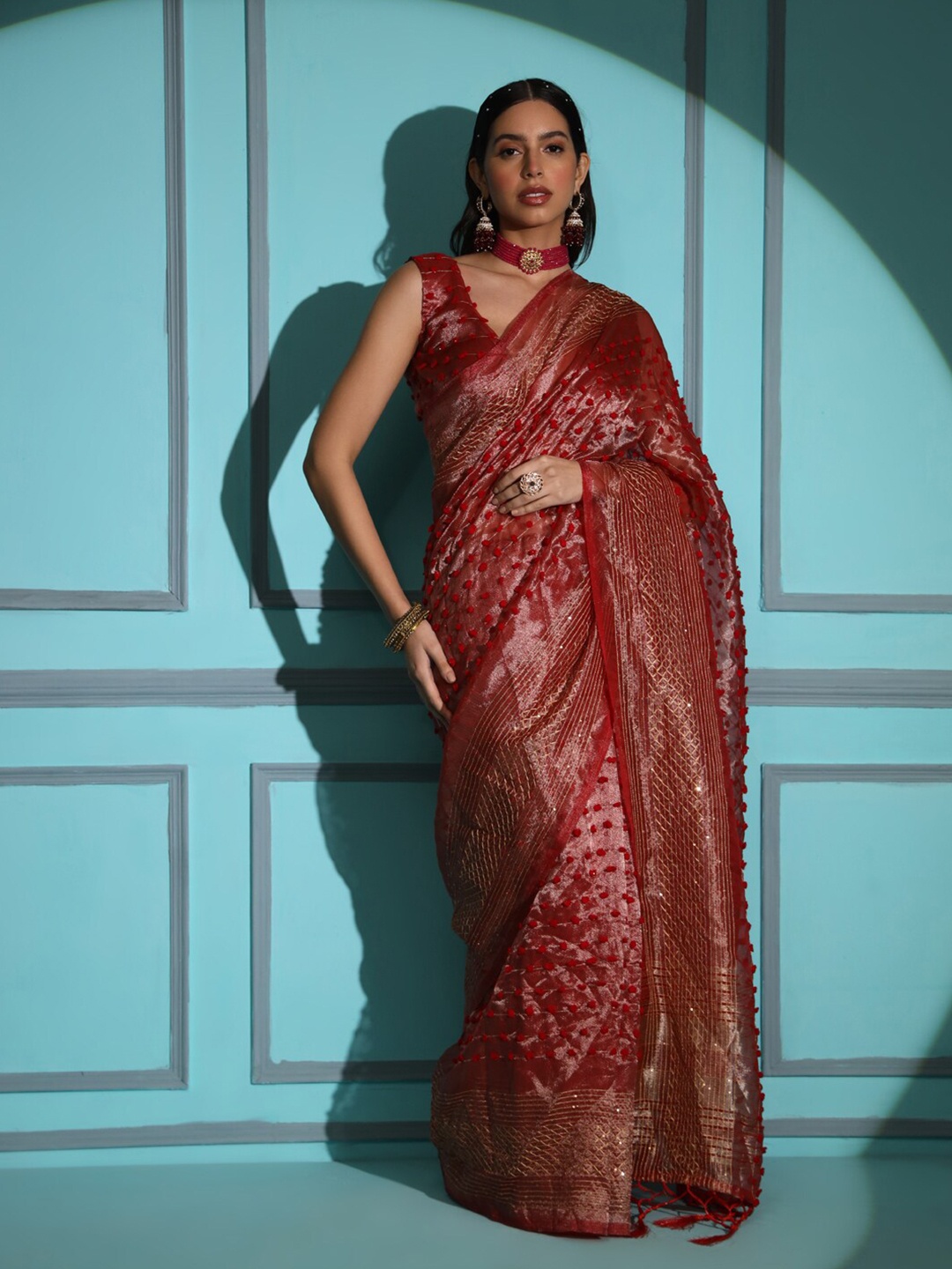 

Tikhi Imli Red Embellished Woven Design Tissue Saree