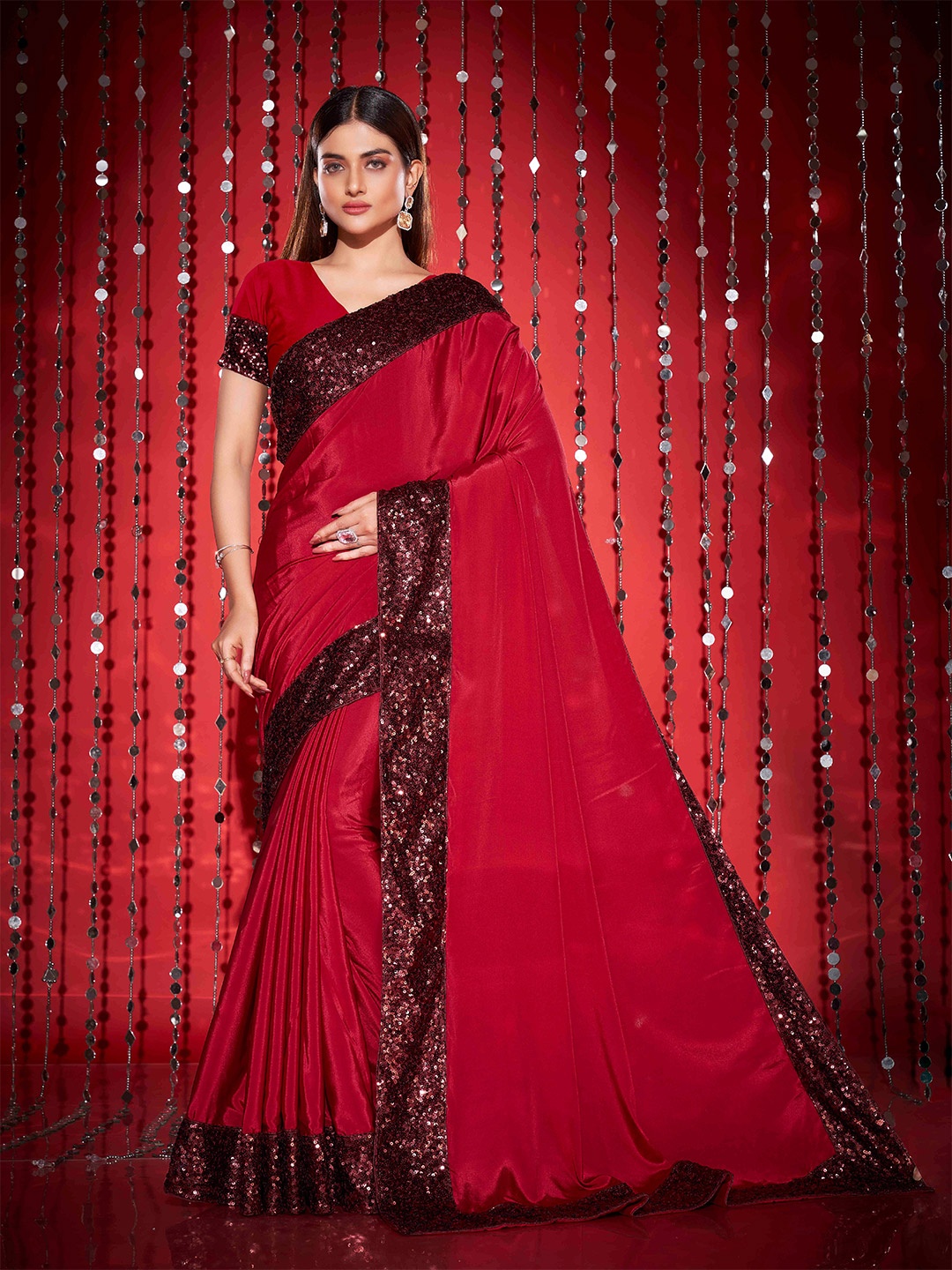 

Tikhi Imli Sequinned Embellished Satin Saree, Maroon