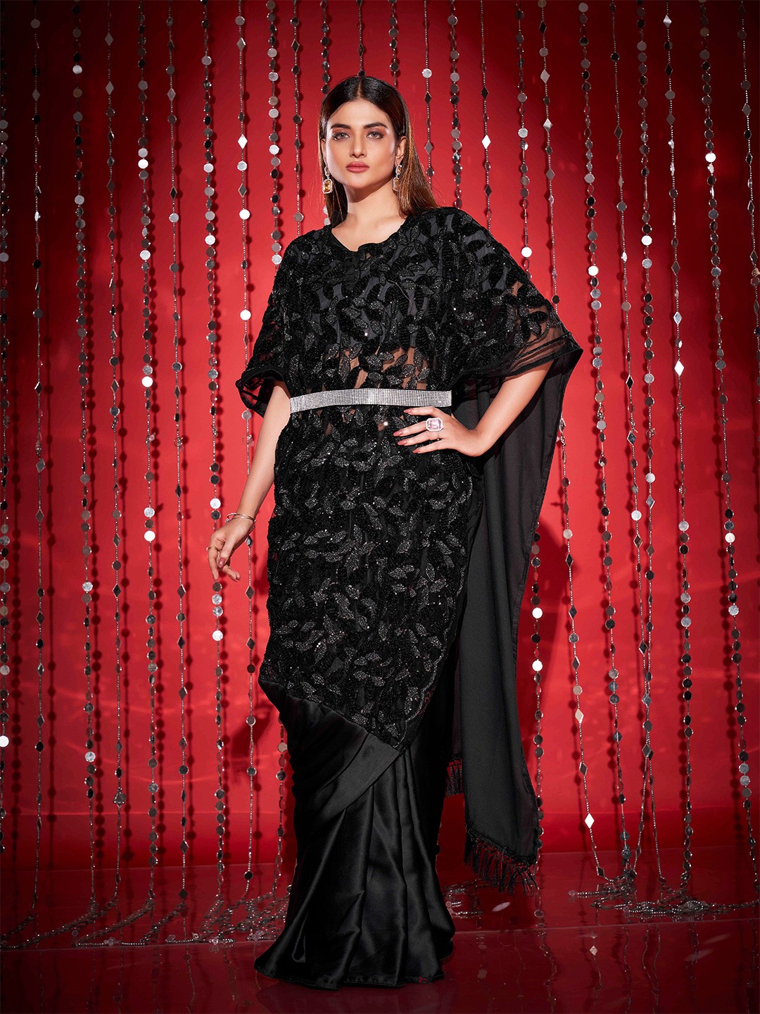 

Tikhi Imli Embellished Kaftan Saree With Belt, Black