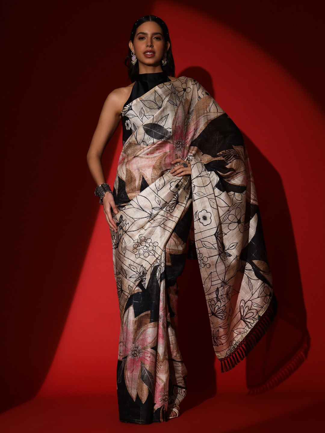 

Tikhi Imli Floral Printed Saree With Tassels, Beige