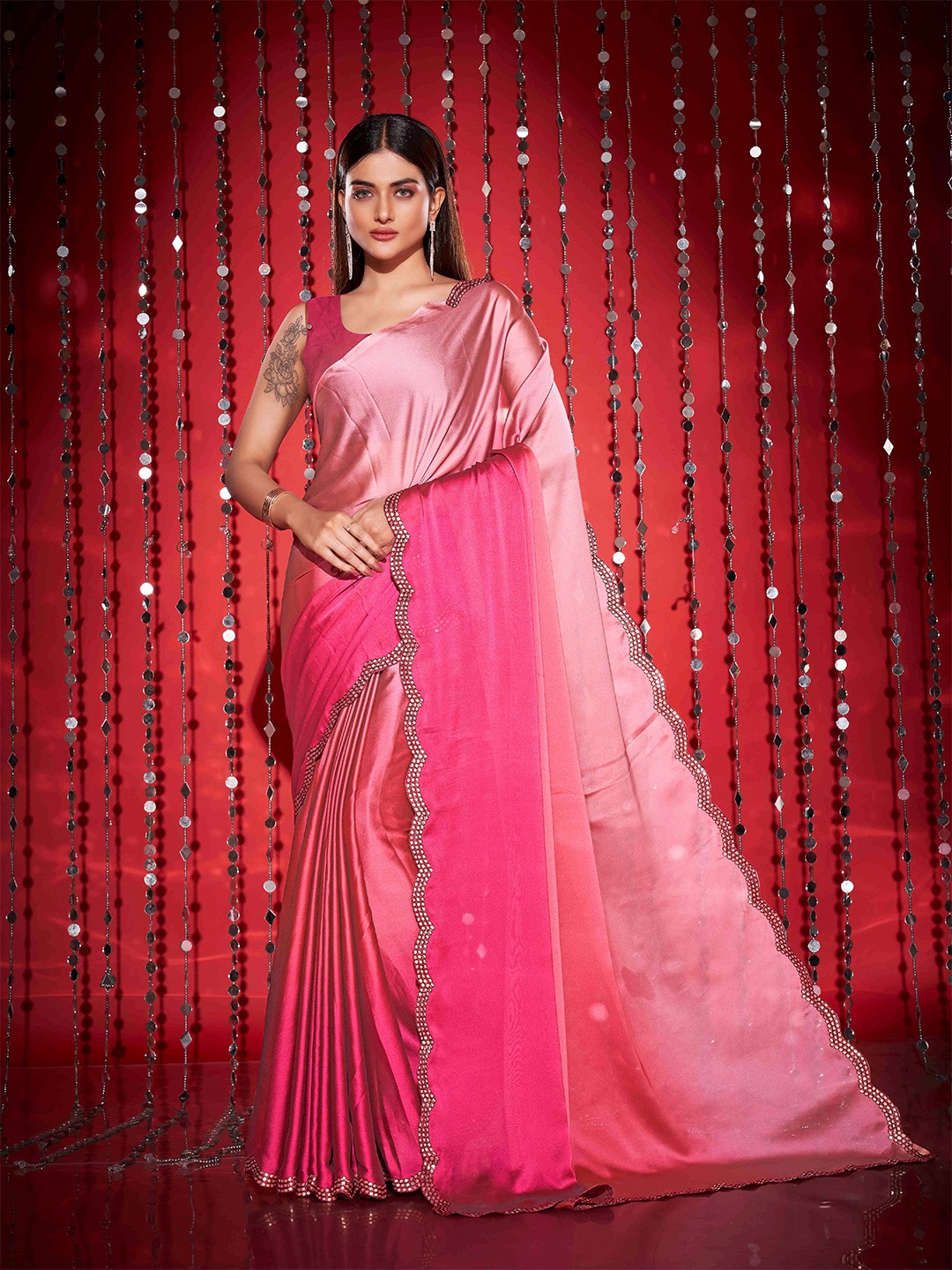 

Tikhi Imli Pink Ombre Mirror Work Embroidered Saree
