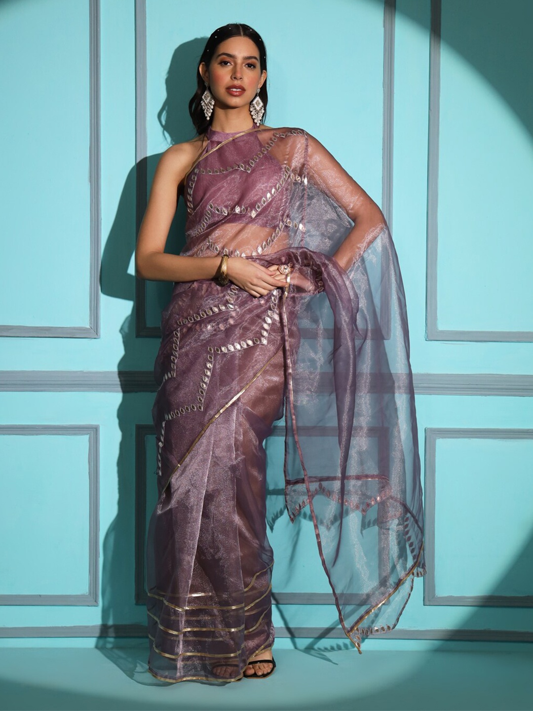 

Tikhi Imli Embellished Gotta Patti Organza Saree, Violet