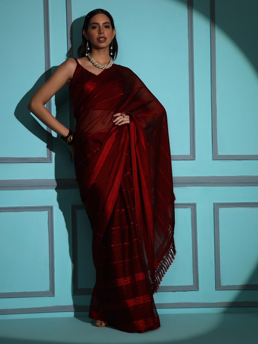 

Tikhi Imli Striped Satin Saree With Tassels, Maroon