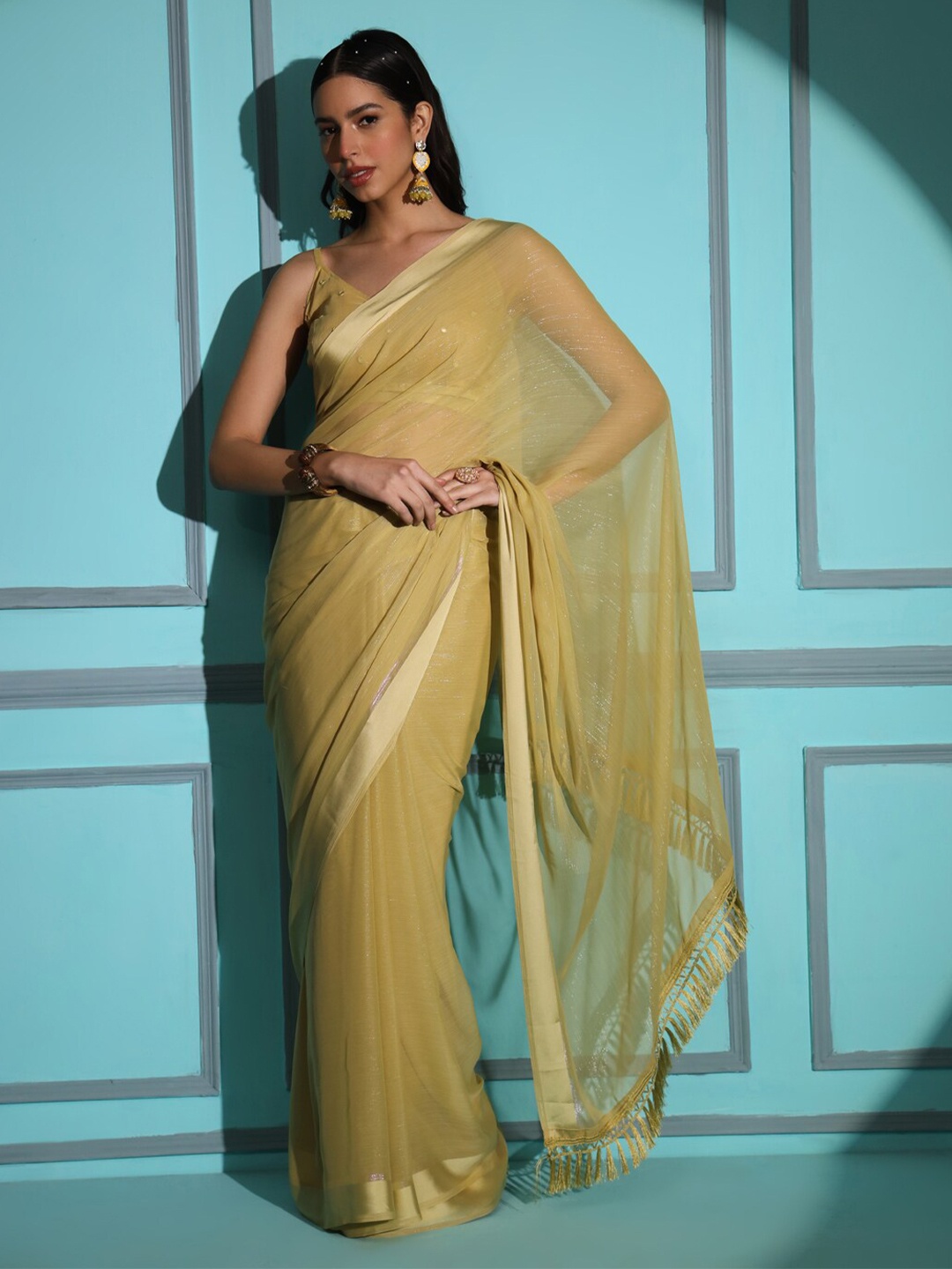 

Tikhi Imli Shimmer Embellished Saree With Tassels, Beige