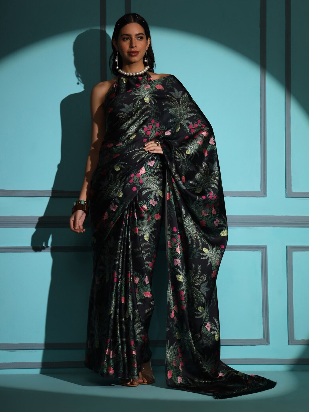 Tikhi Imli Floral Printed Satin Saree, Black