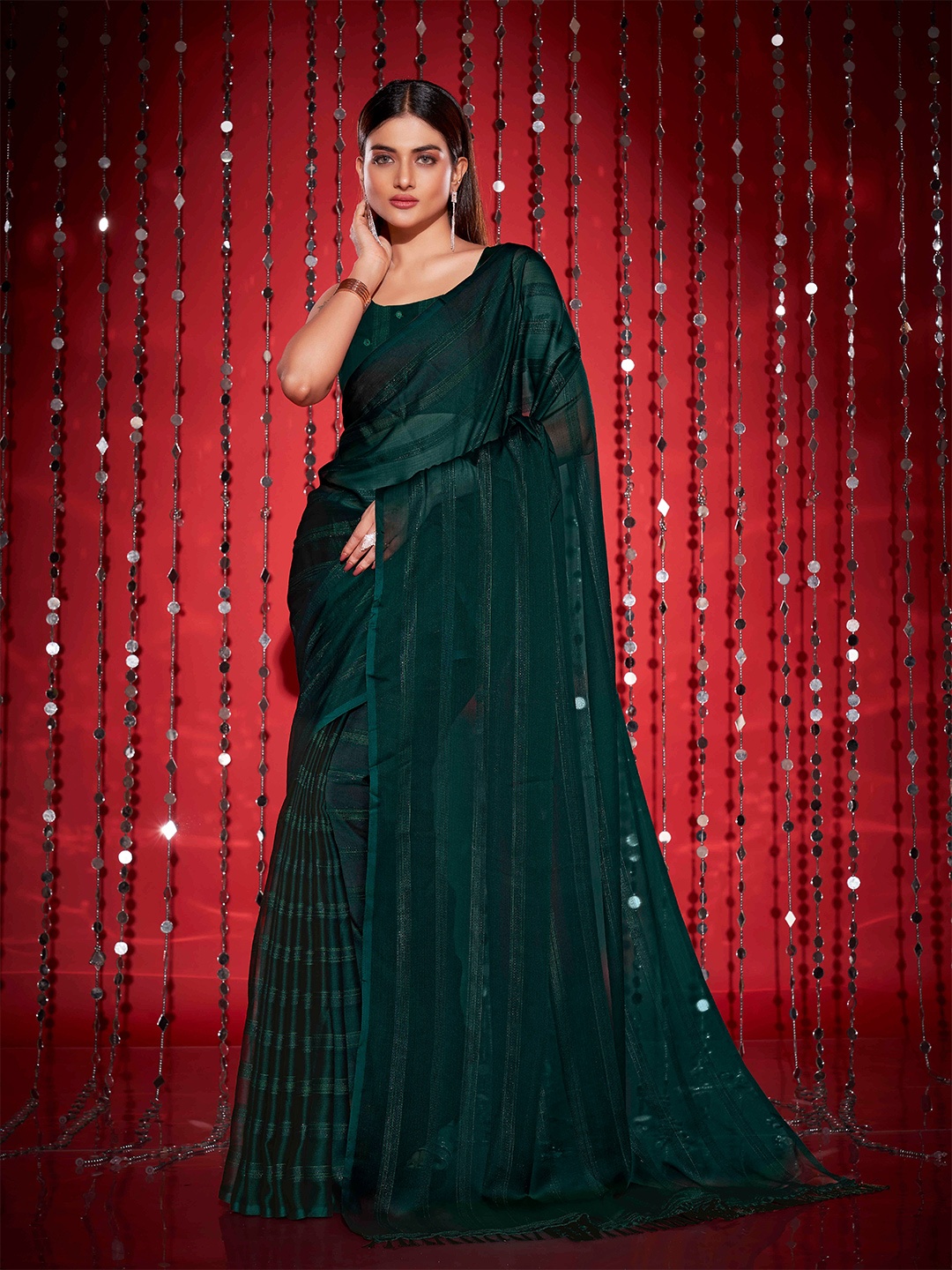 

Tikhi Imli Striped Embellished Saree With Tassels, Green