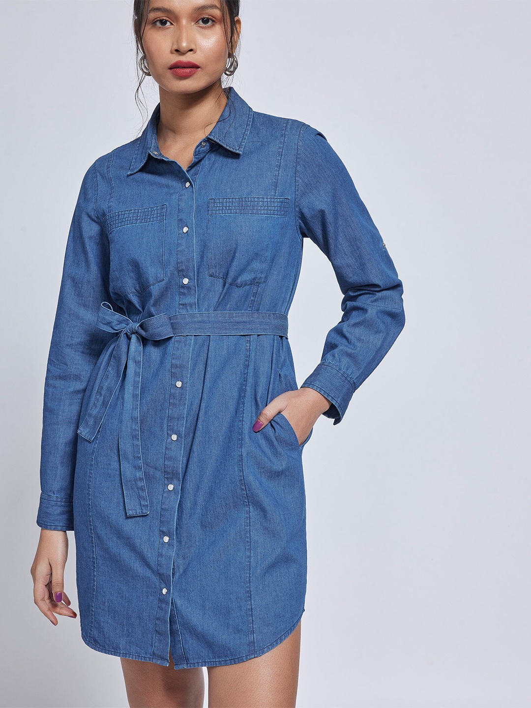 

The Label Life Denim Belted Mini Cotton Shirt Dress, Blue