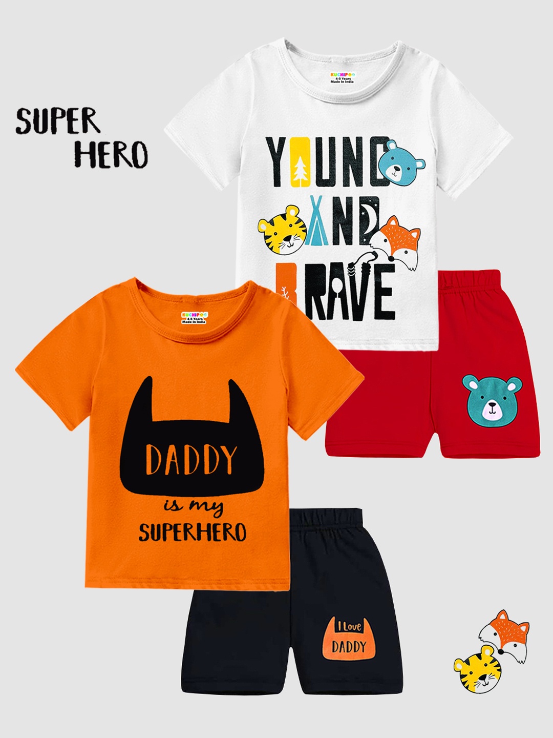 

KUCHIPOO Kids Pack Of 2 Printed T-shirt with Shorts, Orange