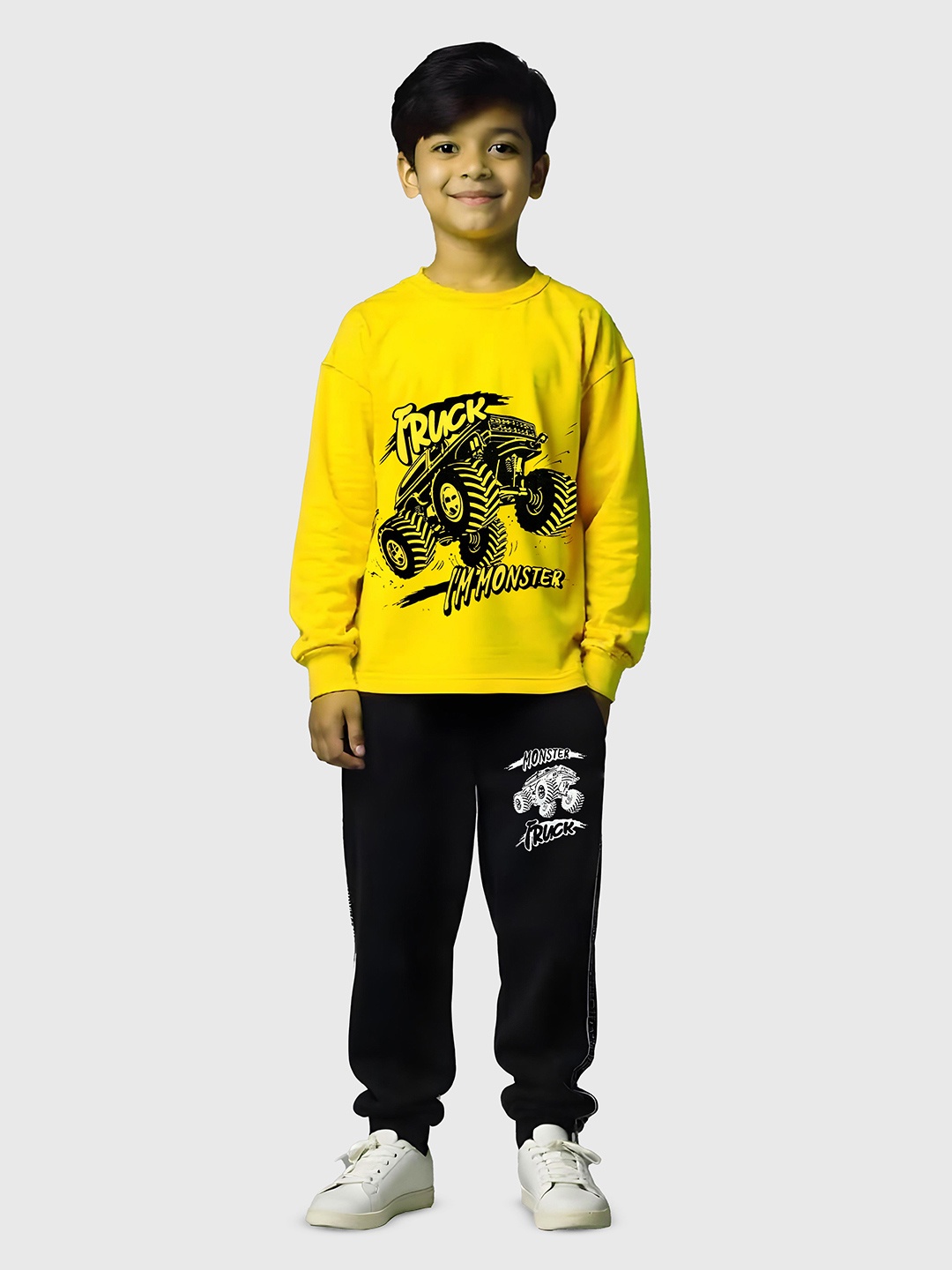 

KUCHIPOO Boys Monster Truck Printed Round Neck Clothing Set, Yellow