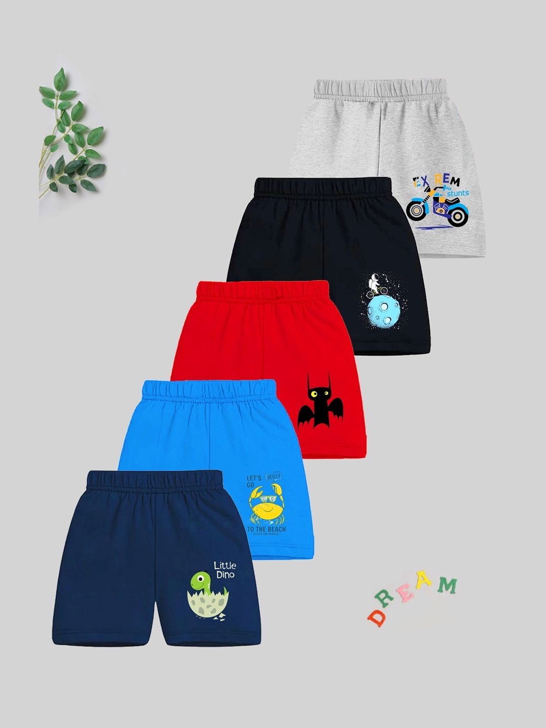 

KUCHIPOO Kids Pack Of 5 Graphic Printed Shorts, Navy blue