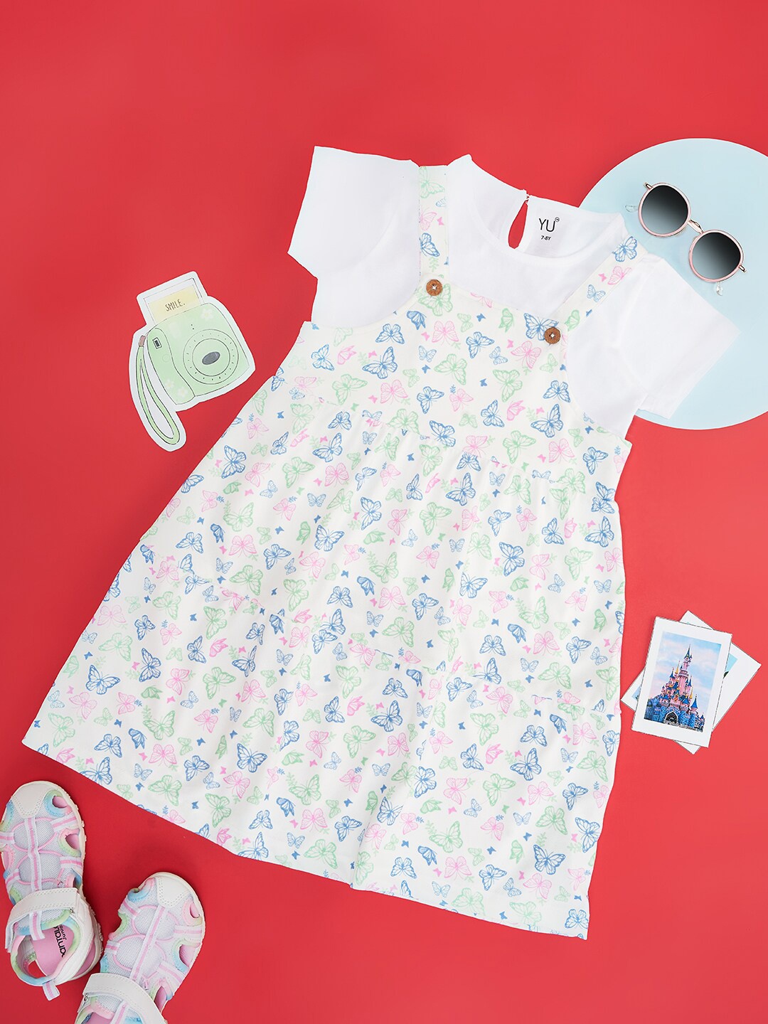 

YU by Pantaloons Girls Printed Pinafore Dress With T-Shirt, White