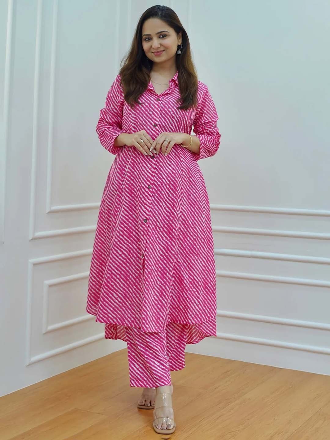 

KALINI Women Leheriya Striped Regular Kurta with Palazzos, Pink
