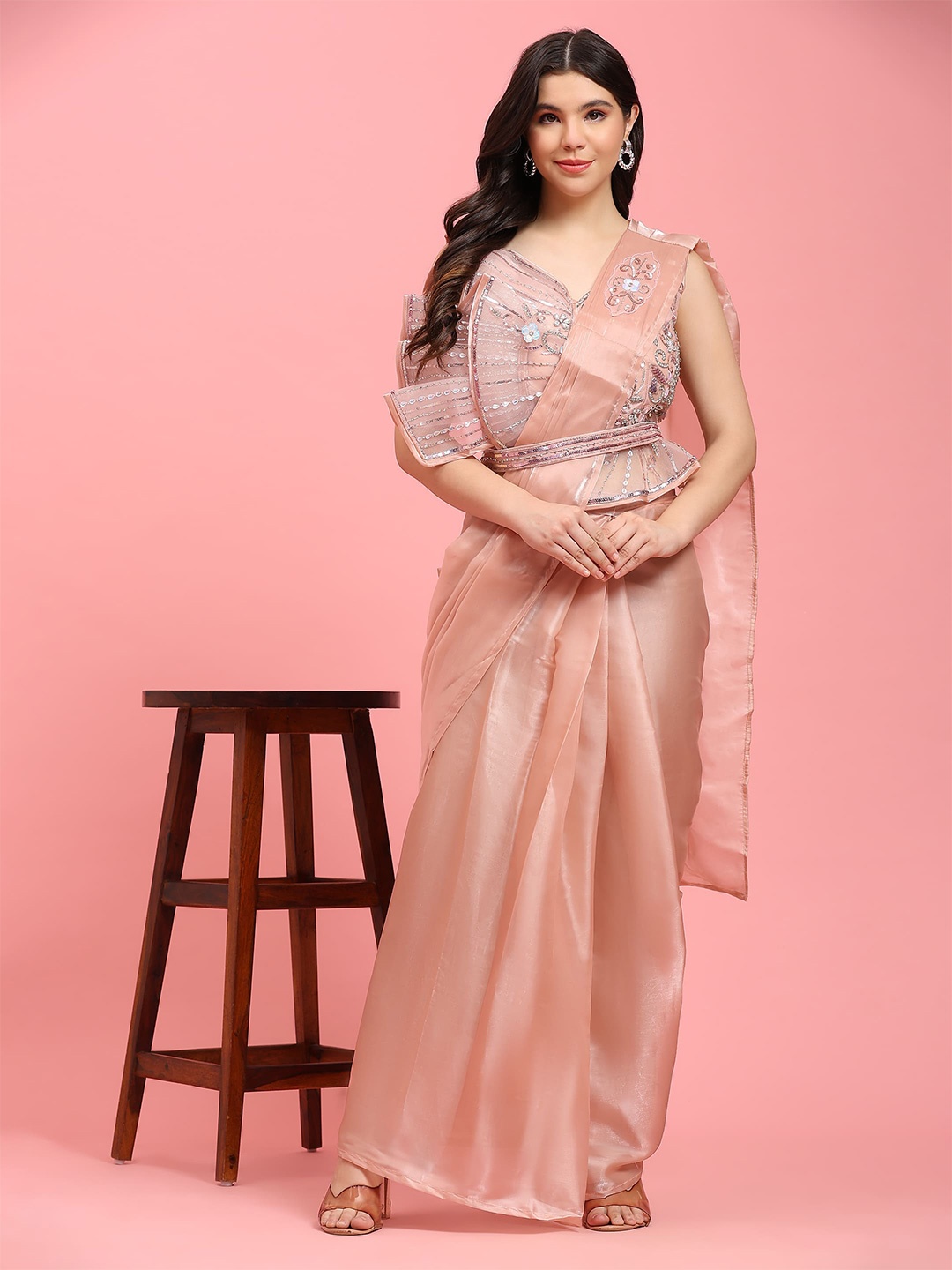 

AMOHA TRENDZ Satin Ready to Wear Saree, Peach