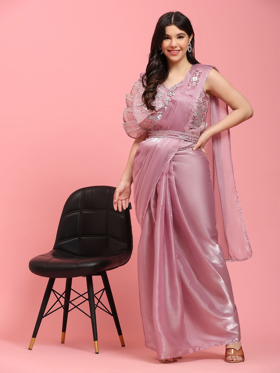 

AMOHA TRENDZ Embroidered Satin Ready to Wear Saree, Pink